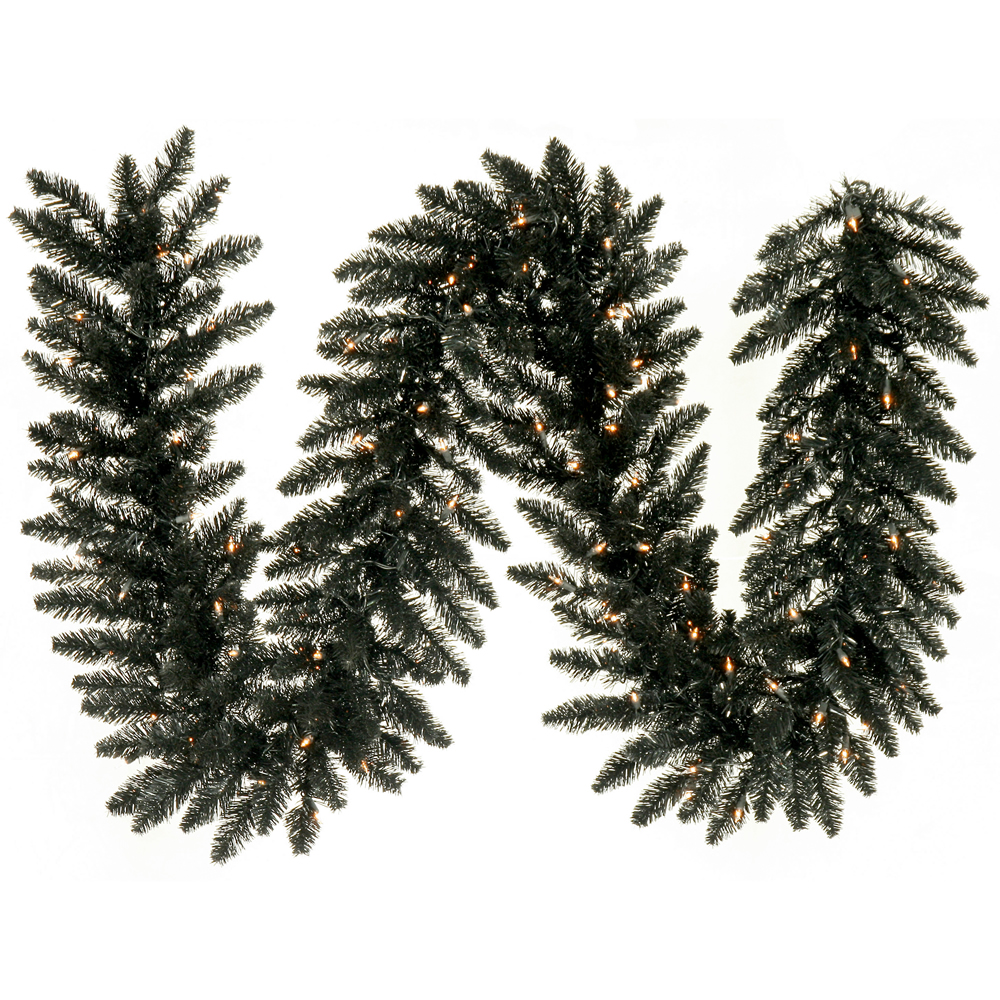 9 Foot Black Fir Artificial Halloween Garland 100 DuraLit LED M5 Italian Warm White Mini Lights
