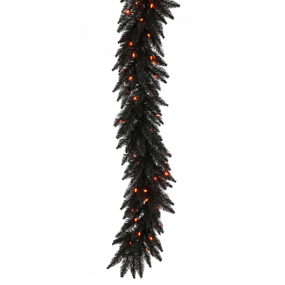 9 Foot Black Fir Artificial Halloween Garland 100 DuraLit LED M5 Italian Orange Mini Lights