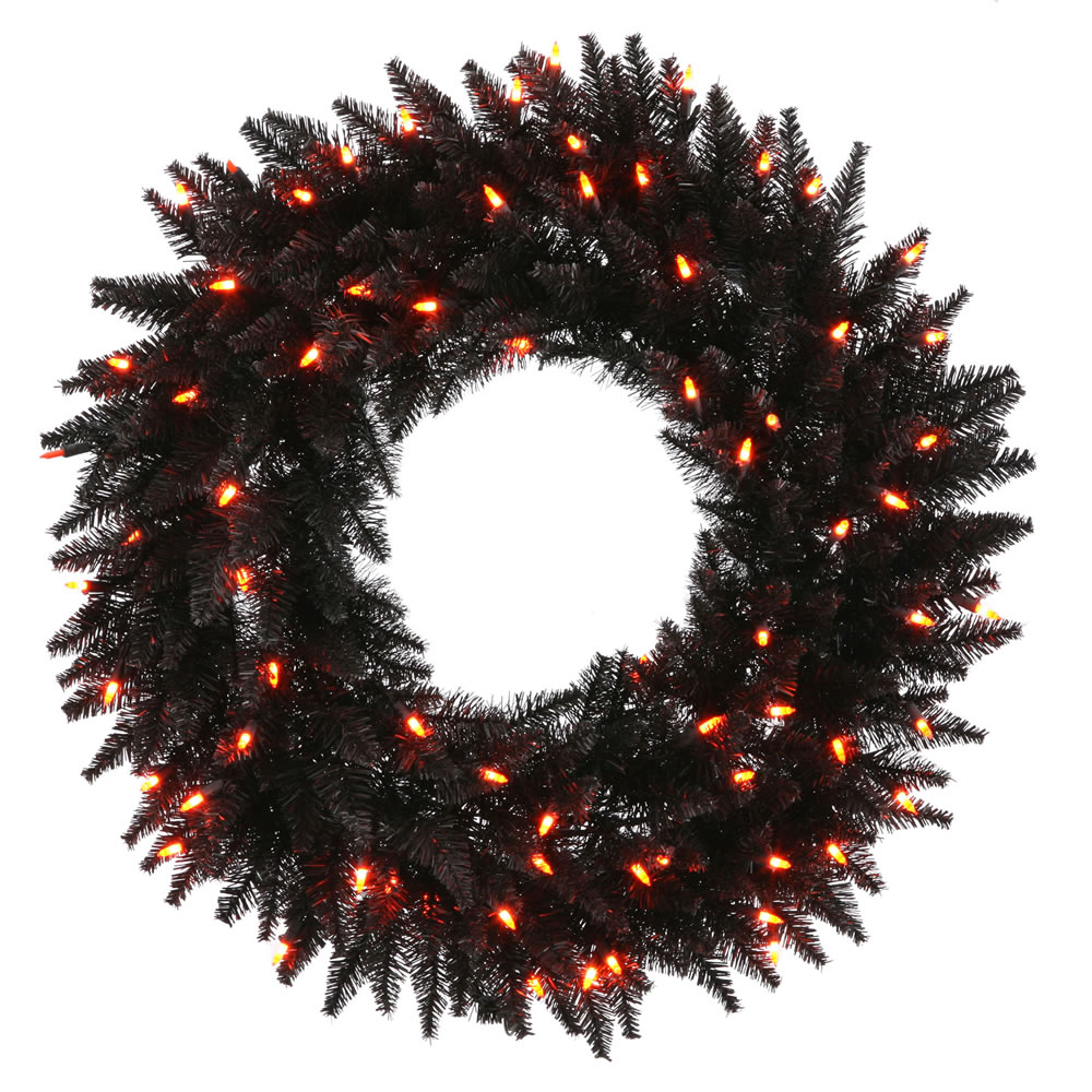 24 Inch Black Fir Artificial Halloween Wreath 50 DuraLit LED M5 Italian Orange Mini Lights