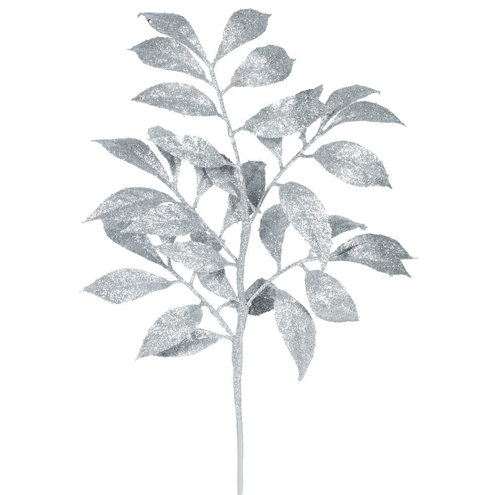 17 Inch Silver Camelia Glitter Leaf Decorative Artificial Christmas Spray