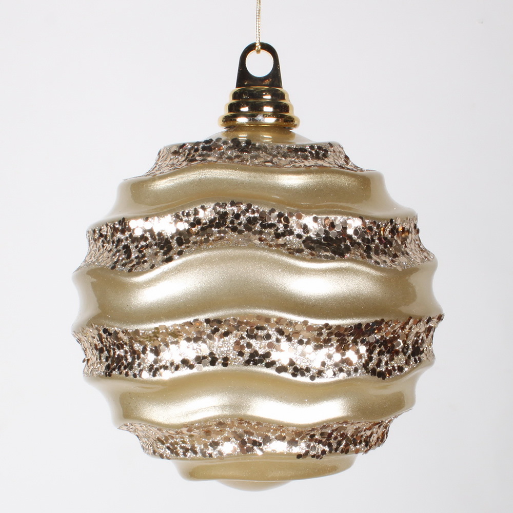 6 Inch Champagne Candy Glitter Wave Round Christmas Ball Ornament