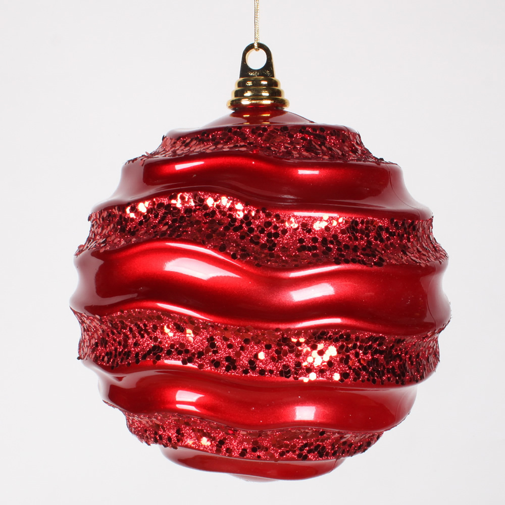 8 Inch Red Candy Glitter Wave Round Christmas Ball Ornament