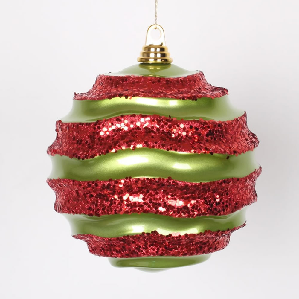 8 Inch Lime Green and Red Candy Glitter Wave Round Christmas Ball Ornament