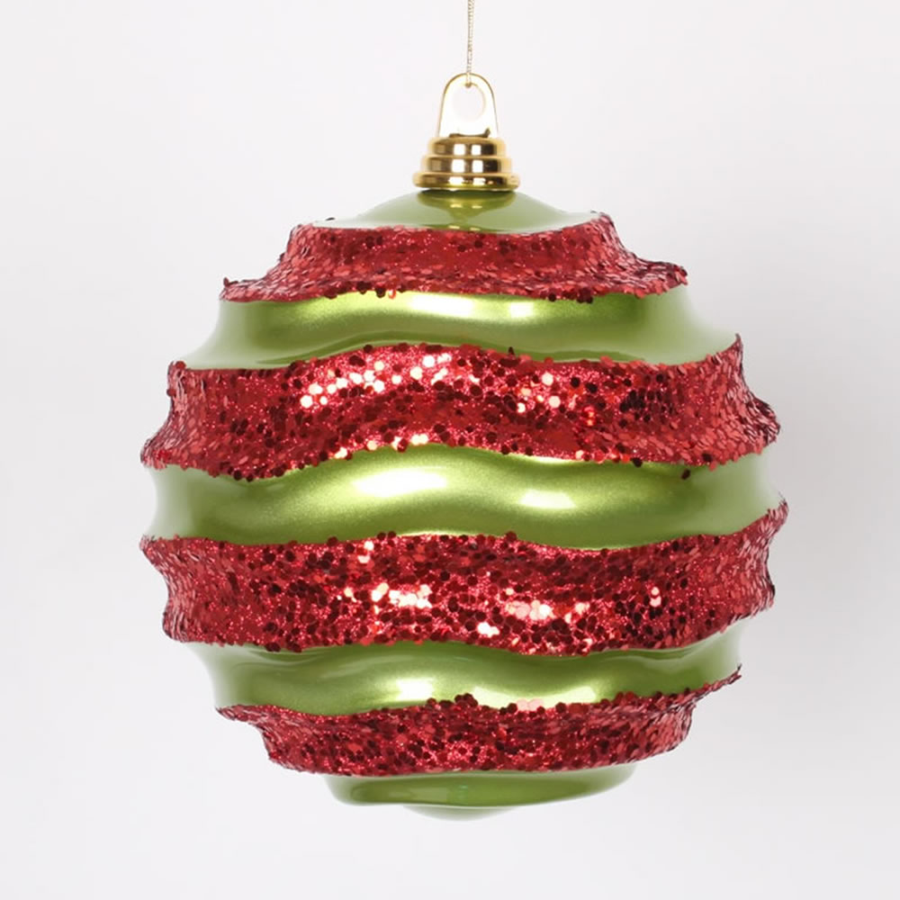 Christmastopia.com 8 Inch Lime Green and Red Candy Glitter Wave Round Christmas Ball Ornament