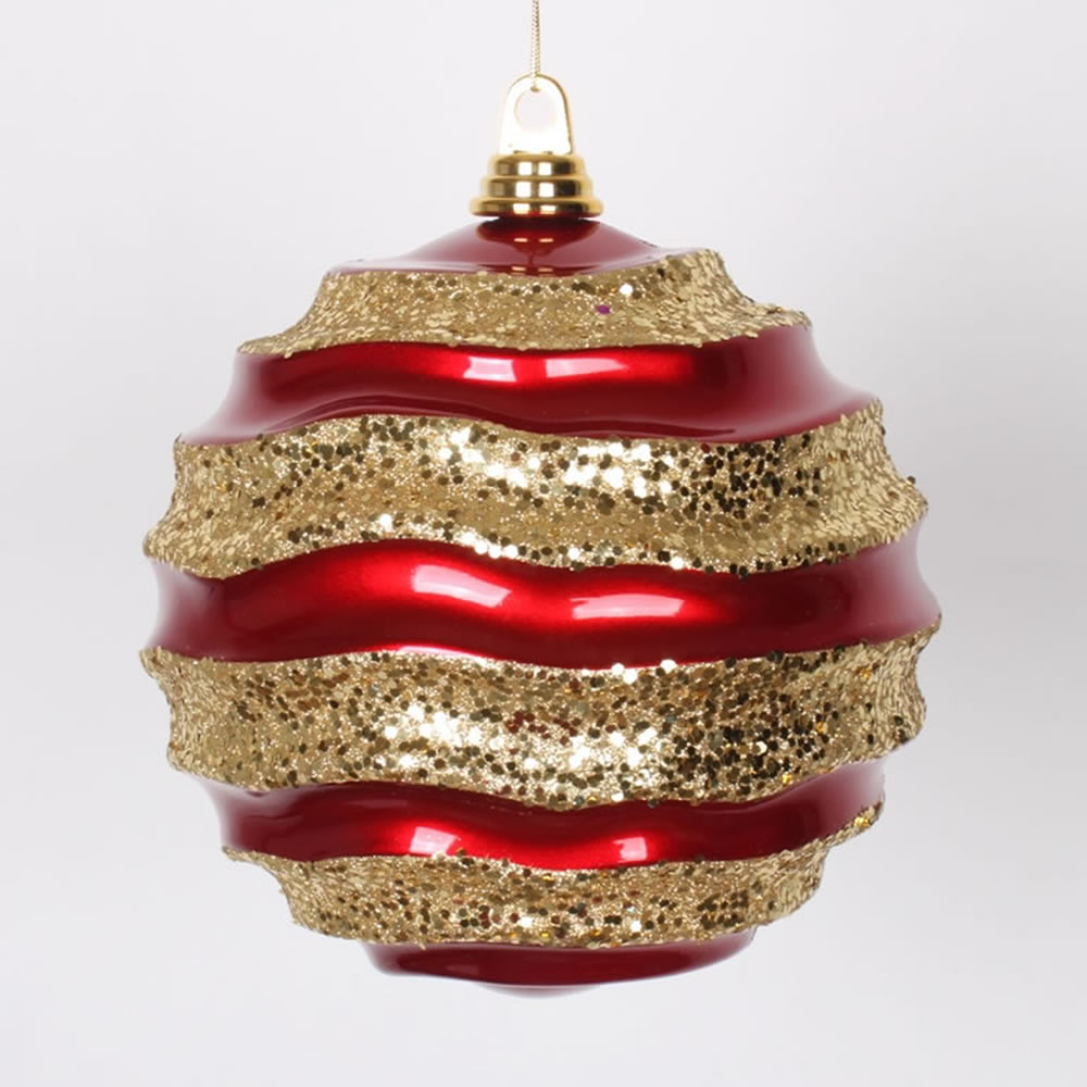 8 Inch Red and Gold Candy Glitter Wave Round Christmas Ball Ornament
