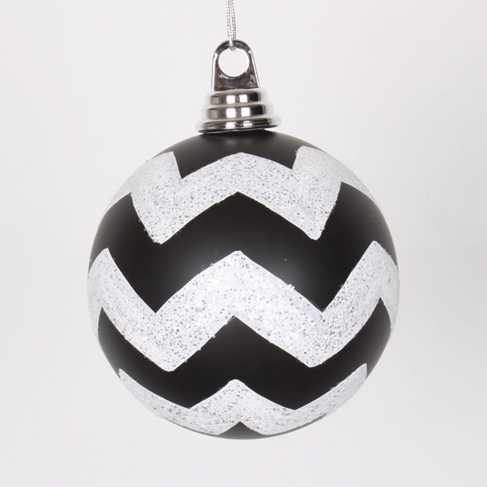 4.75 Inch Black and White Matte Glitter Chevron Round Christmas Ball Ornament Shatterproof​