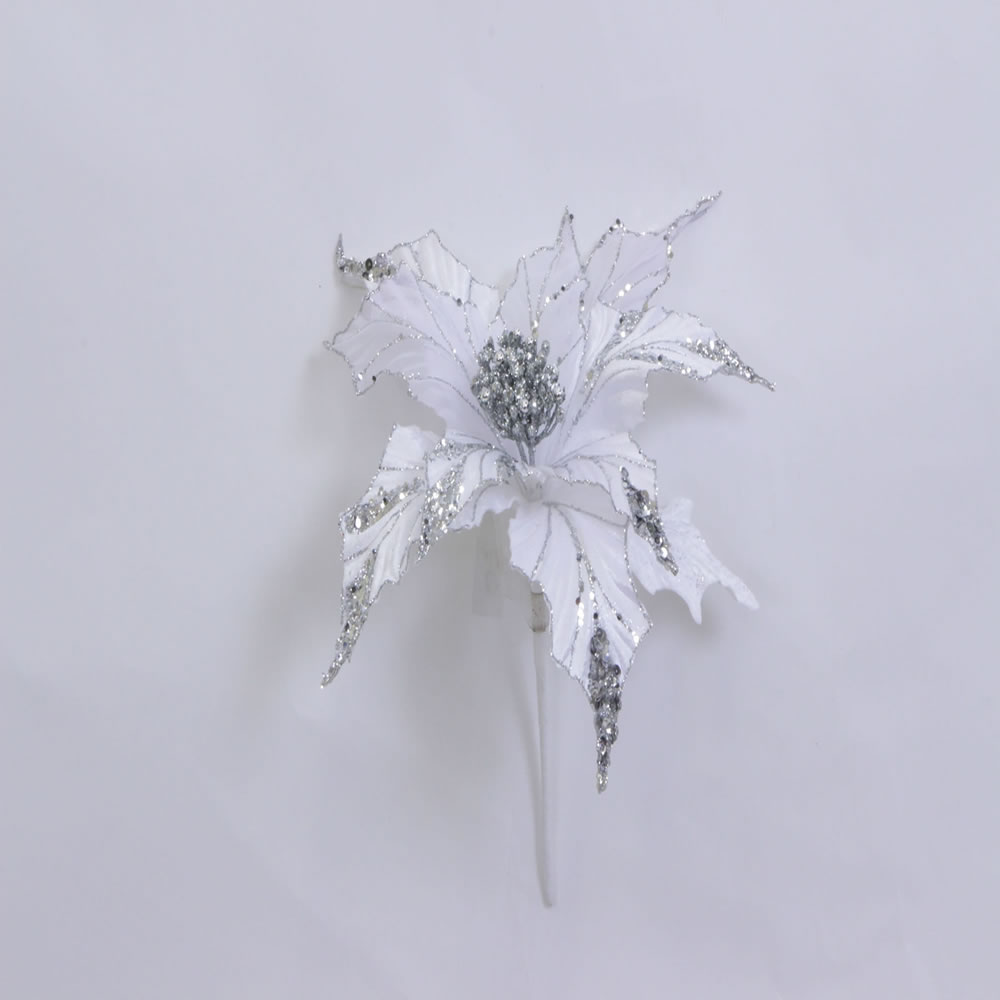 White Glitter Velvet Sheer Poinsettia Decorative Christmas Floral Pick