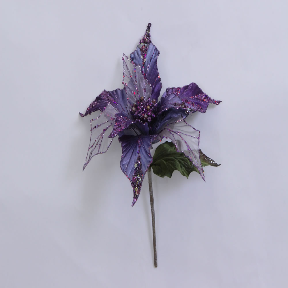 Purple Glitter Velvet Sheer Poinsettia Decorative Christmas Floral Pick
