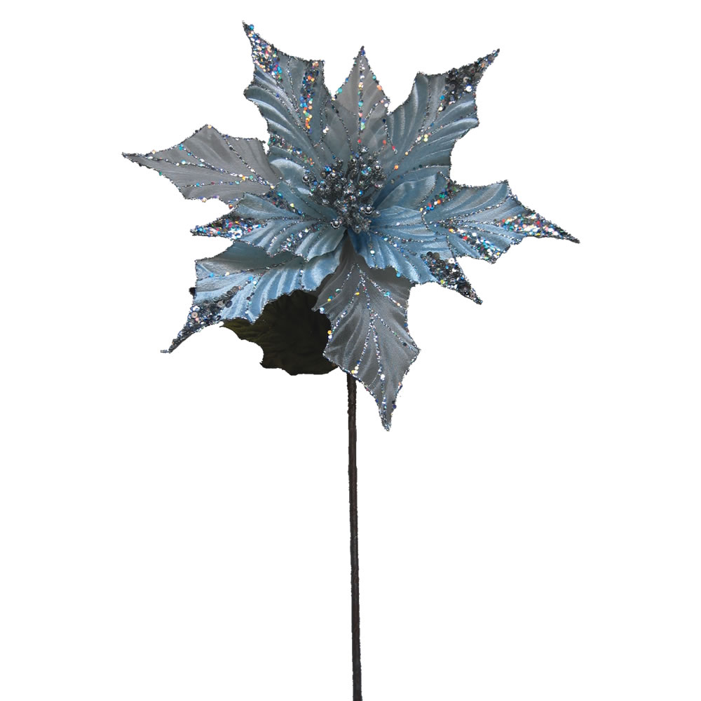 Silver Glitter Velvet Sheer Poinsettia Decorative Christmas Floral Pick