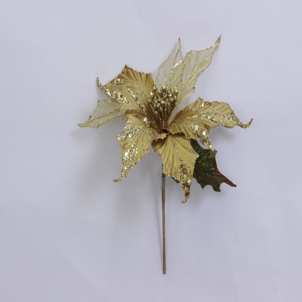 Gold Glitter Velvet Sheer Poinsettia Decorative Christmas Floral Pick