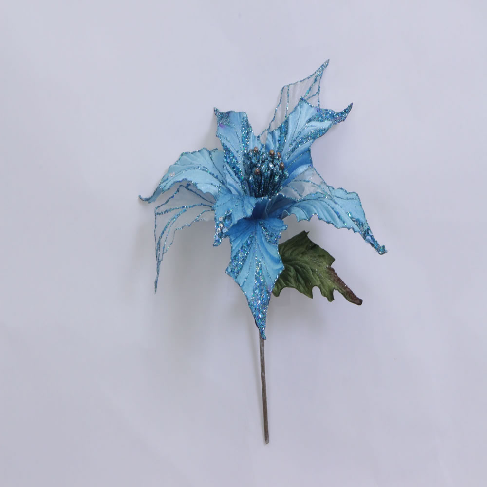 Aqua Blue Glitter Velvet Sheer Poinsettia Decorative Christmas Floral Pick