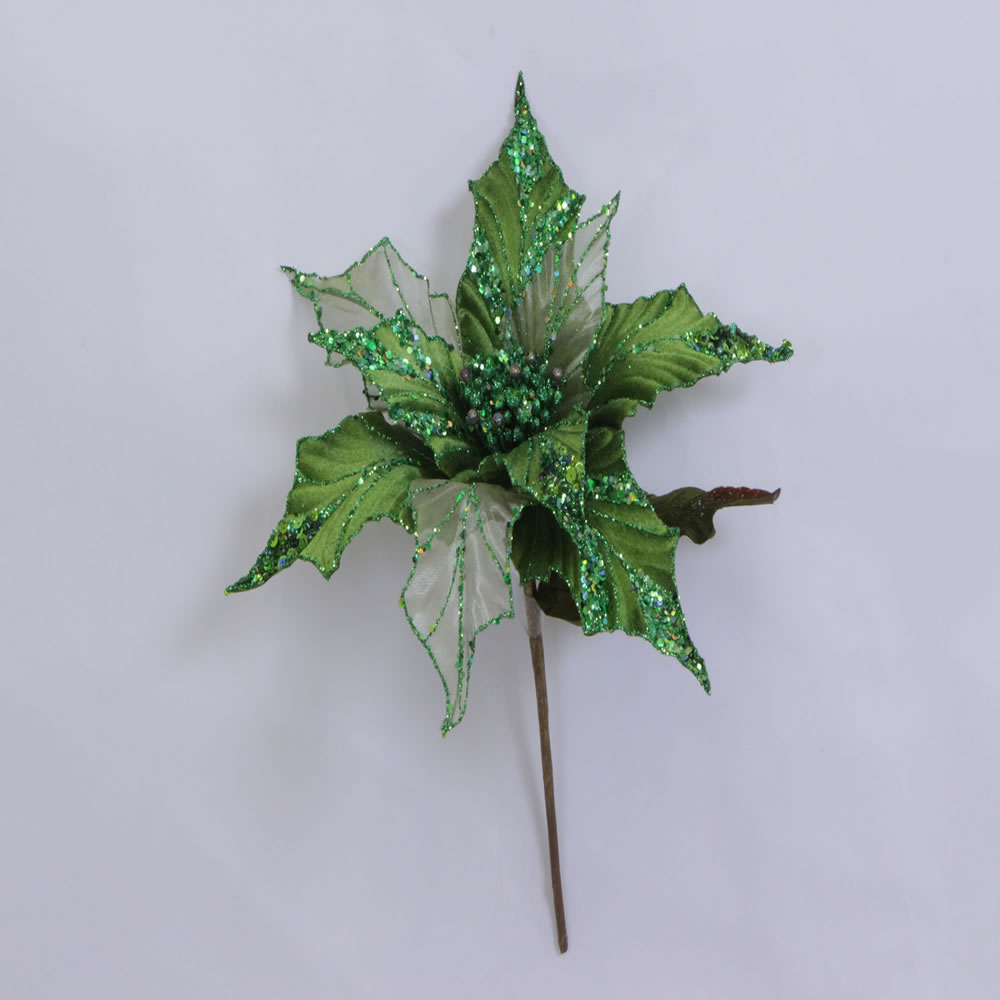 Lime Green Glitter Velvet Sheer Poinsettia Decorative Christmas Floral Pick