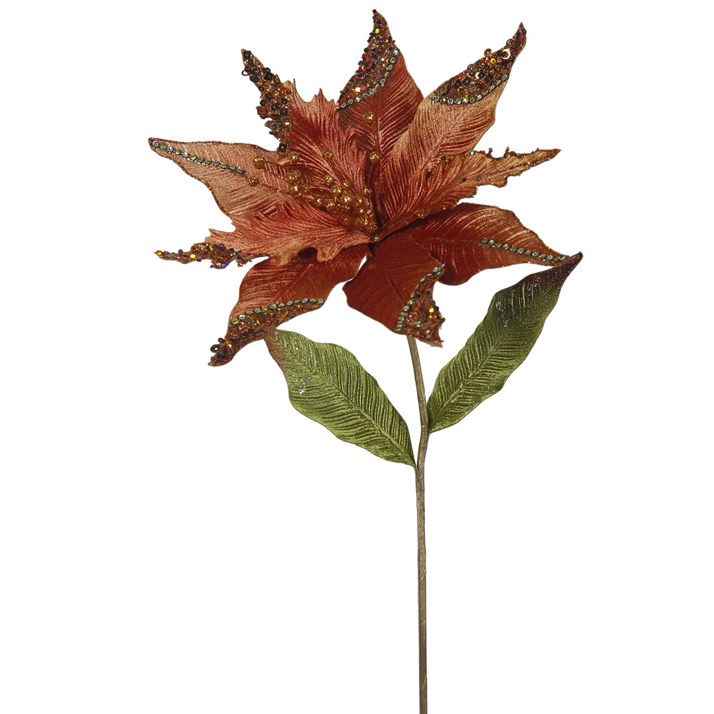26 Inch Copper Velvet Poinsettia Decorative Christmas Floral Stem 3 per Set