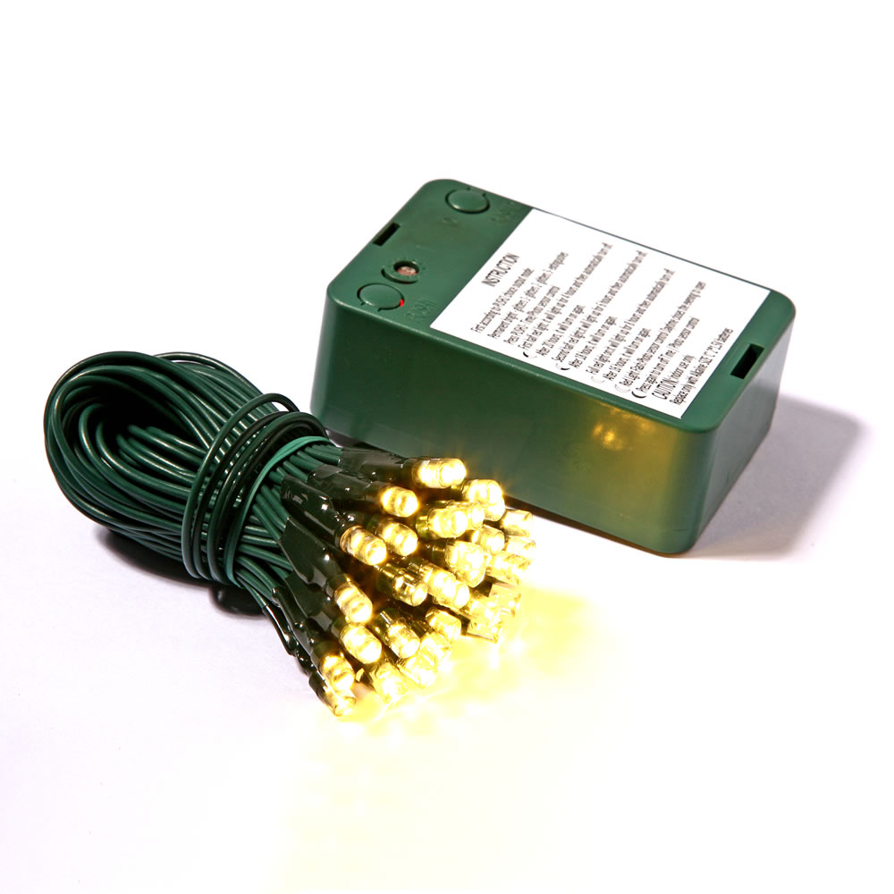 35 Battery Operated LED 5MM Wide Angle Warm White Christmas Light Set Sensor Timer Green Wire