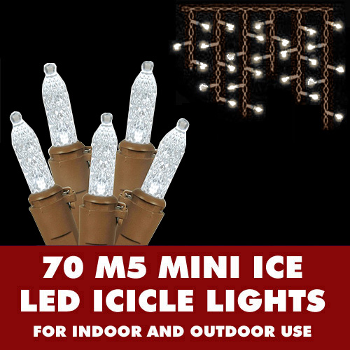 70 Pure White LED M5 Mini Ice Christmas Icicle Lights Brown Wire