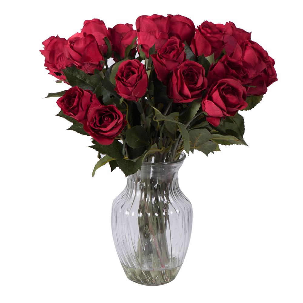 16 Inch Artificial Rose Arrangement with 24 Red Roses Glass Vase