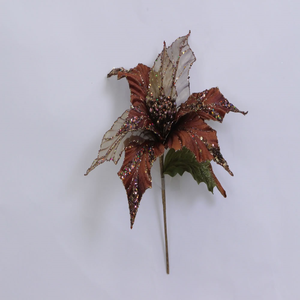 Chocolate Glitter Velvet Sheer Poinsettia Decorative Christmas Floral Pick