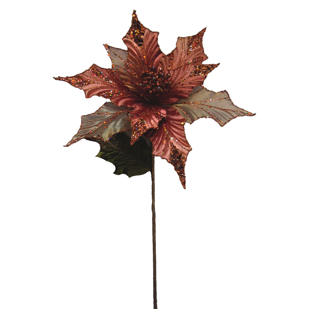 Copper Glitter Velvet Sheer Poinsettia Decorative Christmas Floral Pick
